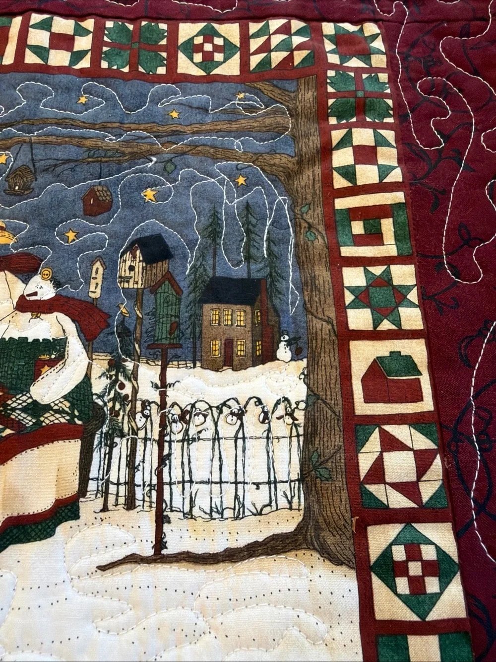 Winter Quilt Guild Snowmen set of 4 placements - Burgundy reversible
